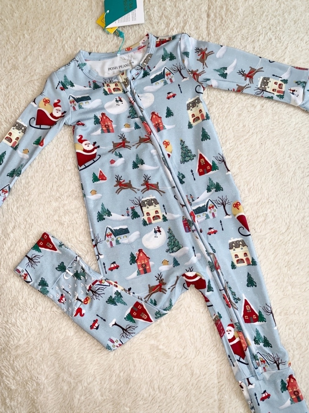 NWT Posh Peanut Christmasville Blue Convertible Footie 6-9M Bamboo Holiday